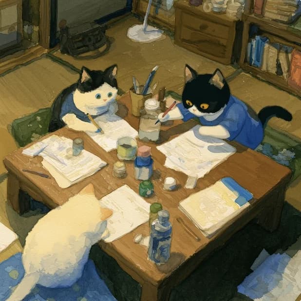 机を囲んで画像を一緒に確認し、修正の認識を合わせる猫たちのイメージ